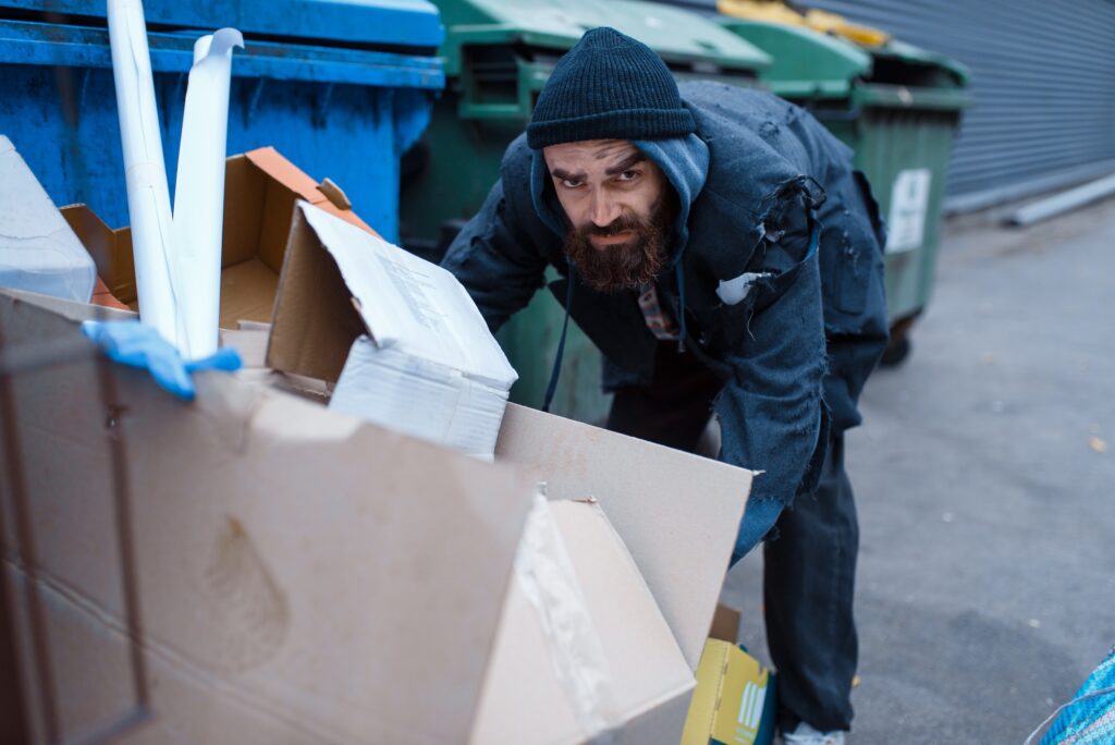 Bearded homeless searching food in trashcan